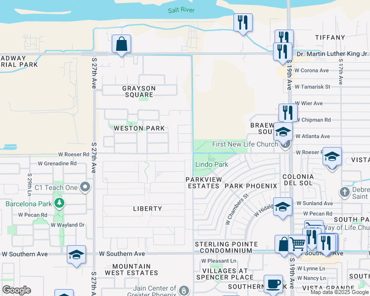 map of restaurants, bars, coffee shops, grocery stores, and more near 2323 West Romley Road in Phoenix
