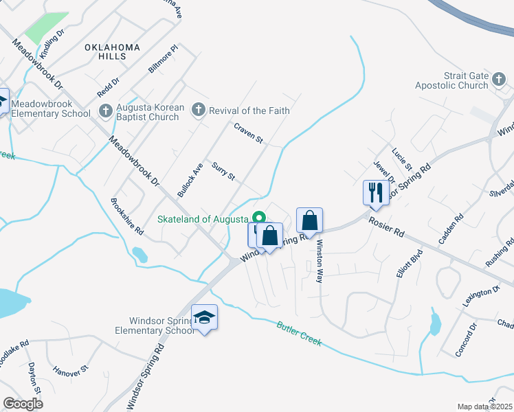 map of restaurants, bars, coffee shops, grocery stores, and more near 2604 Surry Street in Augusta