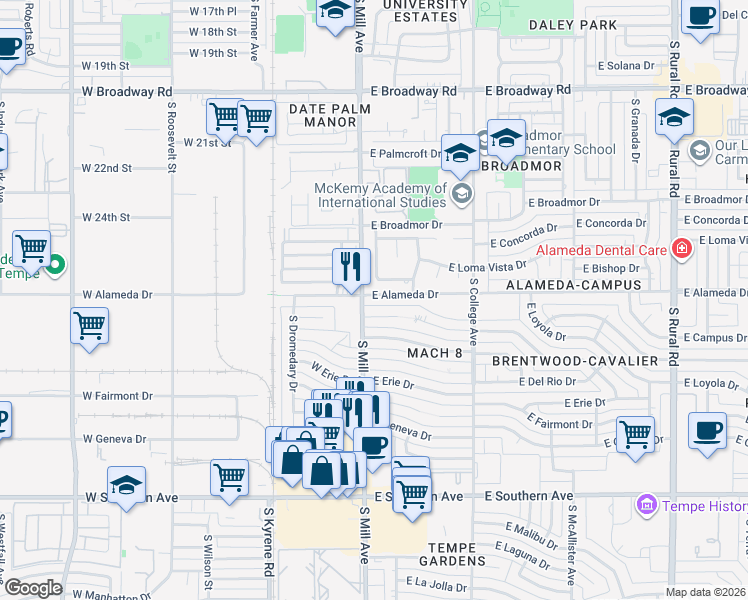 map of restaurants, bars, coffee shops, grocery stores, and more near 7 East Bishop Drive in Tempe