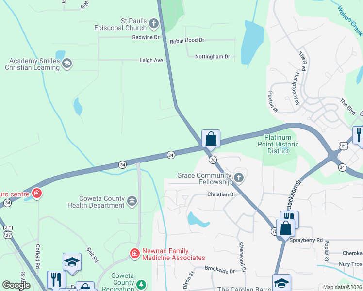 map of restaurants, bars, coffee shops, grocery stores, and more near in Coweta County