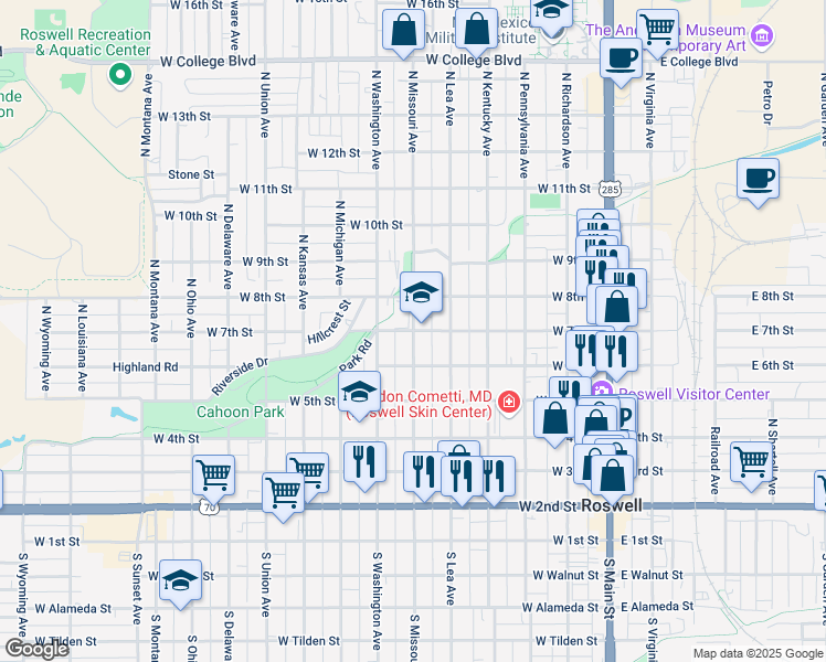 map of restaurants, bars, coffee shops, grocery stores, and more near 700 North Missouri Avenue in Roswell
