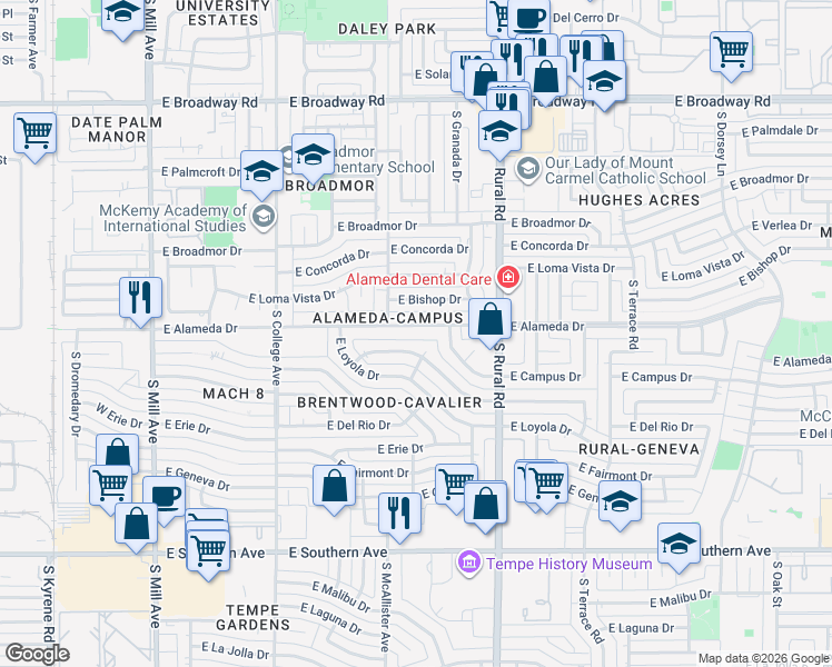 map of restaurants, bars, coffee shops, grocery stores, and more near in Tempe