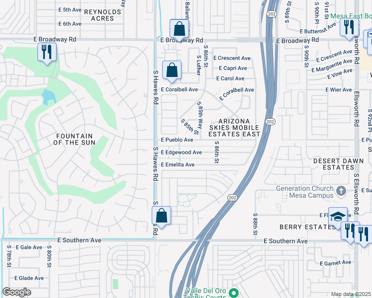 map of restaurants, bars, coffee shops, grocery stores, and more near 8465 East Pueblo Avenue in Mesa