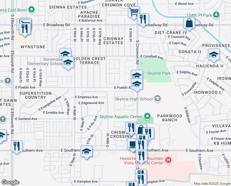 map of restaurants, bars, coffee shops, grocery stores, and more near 9817 East Escondido Avenue in Mesa