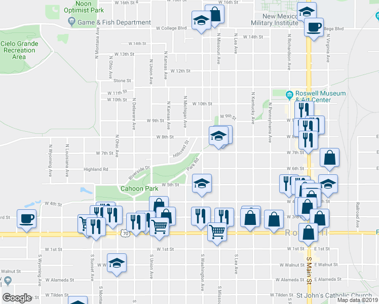 map of restaurants, bars, coffee shops, grocery stores, and more near 5 Riverside Drive in Roswell
