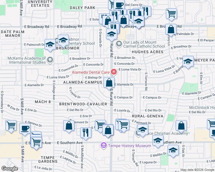 map of restaurants, bars, coffee shops, grocery stores, and more near 2617 South Palm Drive in Tempe
