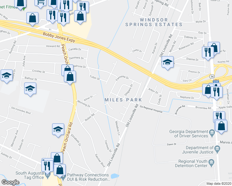 map of restaurants, bars, coffee shops, grocery stores, and more near 1815 Dawn Street in Augusta