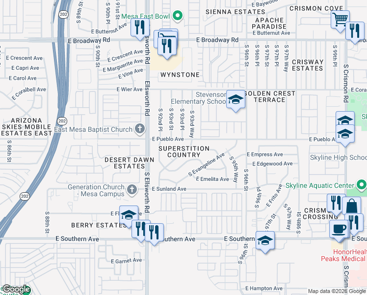 map of restaurants, bars, coffee shops, grocery stores, and more near 828 South Esperanza Avenue in Mesa
