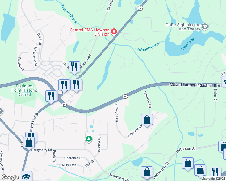 map of restaurants, bars, coffee shops, grocery stores, and more near 355 Millard Farmer Industrial Boulevard in Newnan