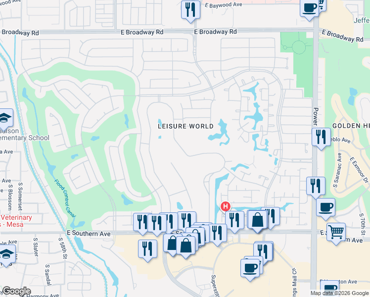 map of restaurants, bars, coffee shops, grocery stores, and more near 1226 Leisure World in Mesa