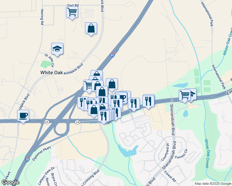 map of restaurants, bars, coffee shops, grocery stores, and more near 1140 Bullsboro Drive in Newnan