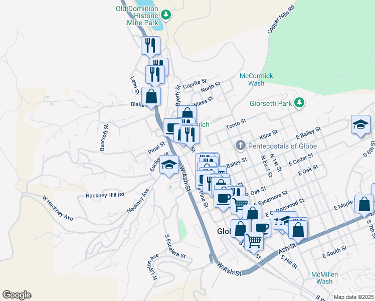 map of restaurants, bars, coffee shops, grocery stores, and more near 686 North Broad Street in Globe