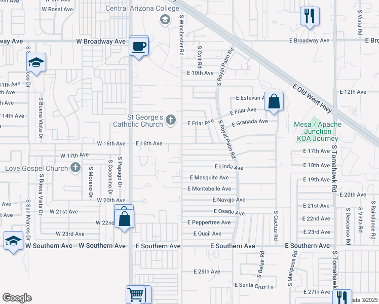 map of restaurants, bars, coffee shops, grocery stores, and more near 1635 South Winchester Road in Apache Junction