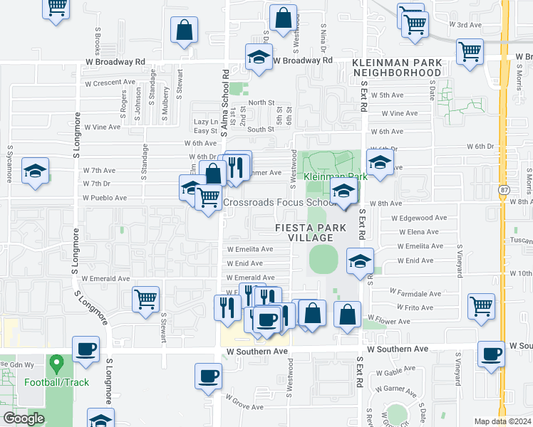 map of restaurants, bars, coffee shops, grocery stores, and more near 1050 West 8th Avenue in Mesa