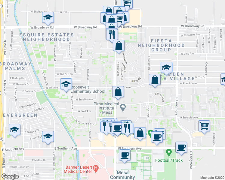 map of restaurants, bars, coffee shops, grocery stores, and more near 701 South Dobson Road in Mesa