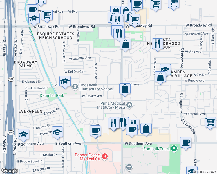 map of restaurants, bars, coffee shops, grocery stores, and more near 720 South Dobson Road in Mesa