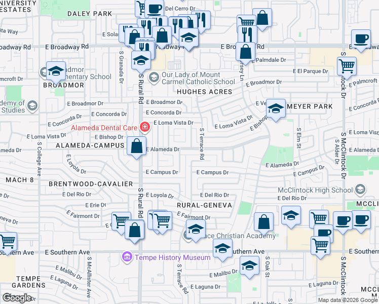 map of restaurants, bars, coffee shops, grocery stores, and more near 1044 East Alameda Drive in Tempe