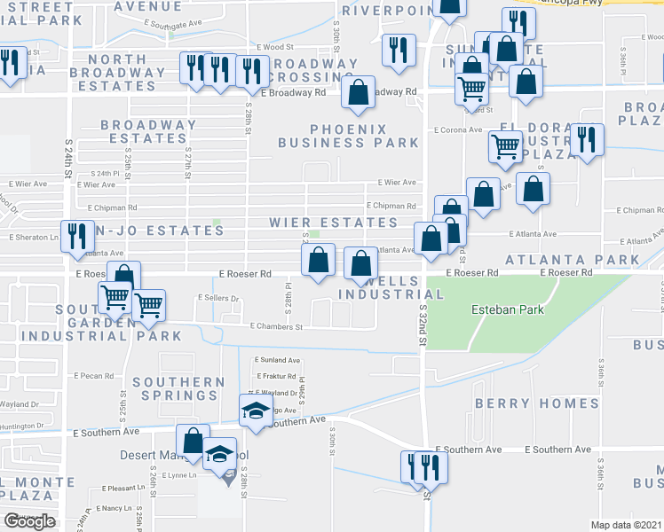 map of restaurants, bars, coffee shops, grocery stores, and more near 2927 East Atlanta Avenue in Phoenix