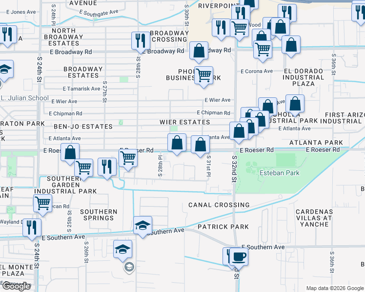 map of restaurants, bars, coffee shops, grocery stores, and more near 2927 East Atlanta Avenue in Phoenix