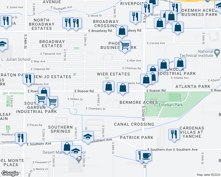 map of restaurants, bars, coffee shops, grocery stores, and more near 2927 East Atlanta Avenue in Phoenix