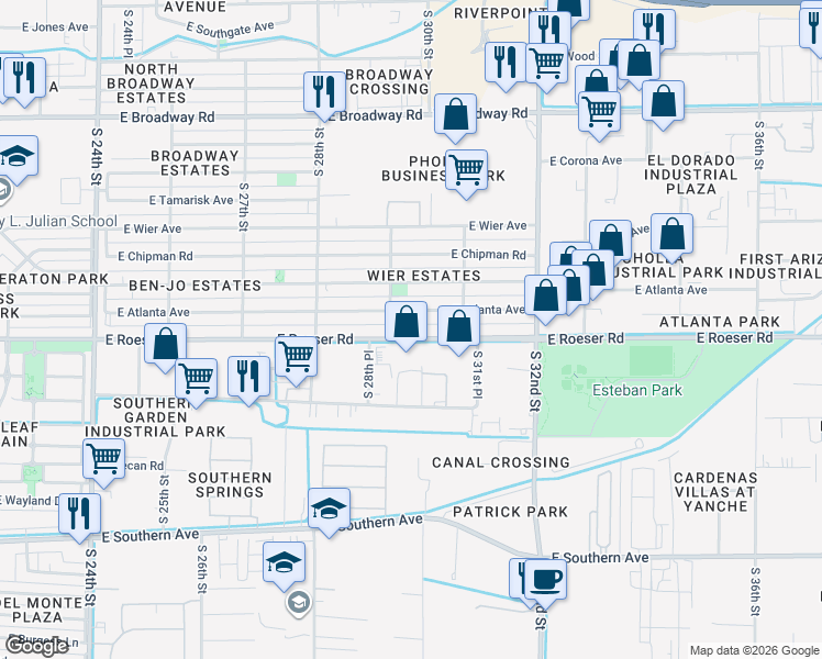 map of restaurants, bars, coffee shops, grocery stores, and more near 2927 East Atlanta Avenue in Phoenix