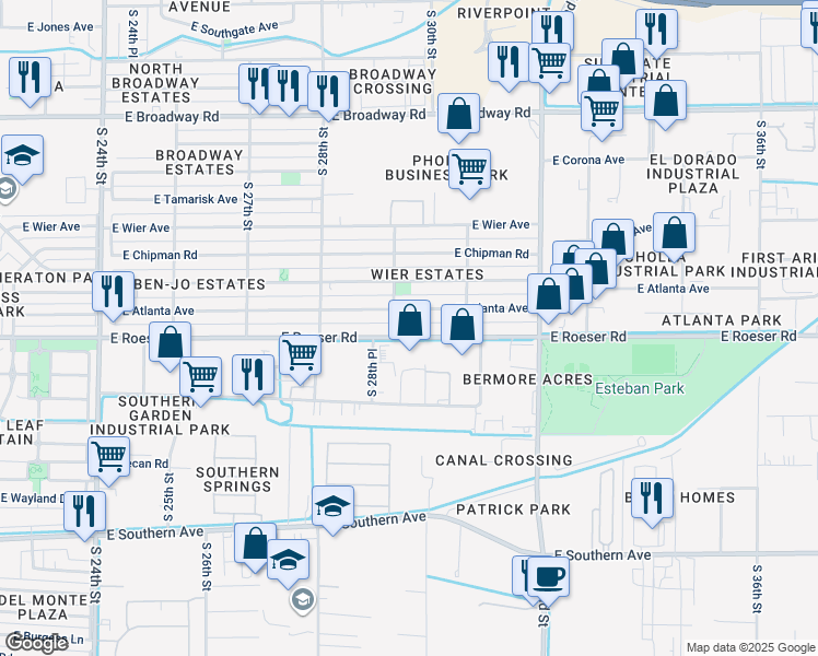 map of restaurants, bars, coffee shops, grocery stores, and more near 2857 East Atlanta Avenue in Phoenix