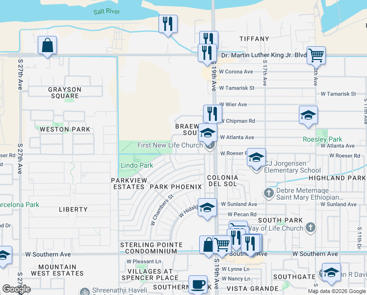 map of restaurants, bars, coffee shops, grocery stores, and more near 2040 West Atlanta Avenue in Phoenix