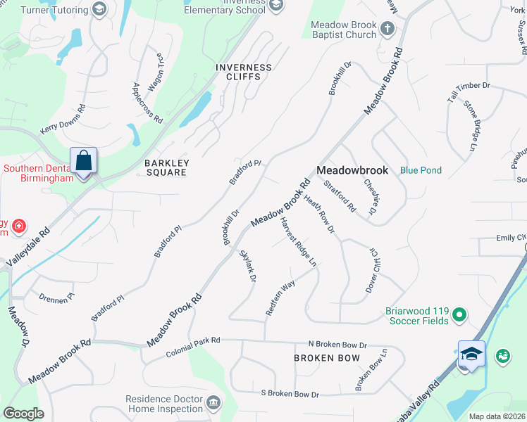 map of restaurants, bars, coffee shops, grocery stores, and more near 5068 Meadow Brook Road in Birmingham