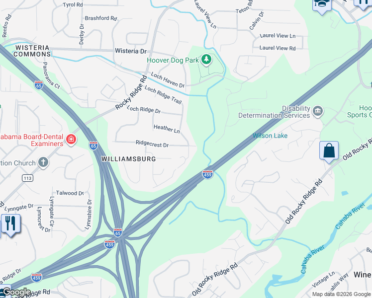 map of restaurants, bars, coffee shops, grocery stores, and more near 3466 Heather Lane in Birmingham