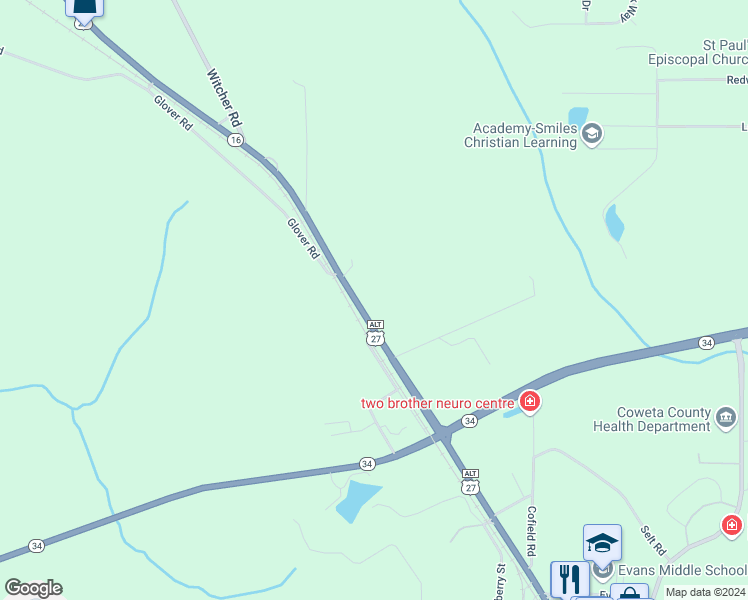 map of restaurants, bars, coffee shops, grocery stores, and more near 485 Hwy 16 W in Newnan