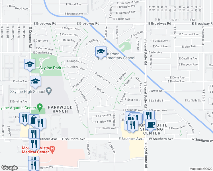 map of restaurants, bars, coffee shops, grocery stores, and more near 10528 East Diamond Avenue in Mesa