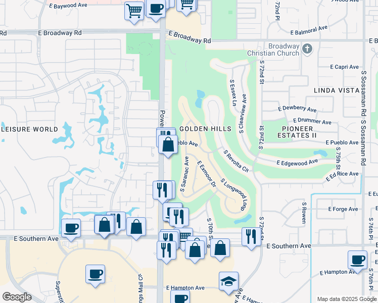 map of restaurants, bars, coffee shops, grocery stores, and more near 801 South Saranac Avenue in Mesa