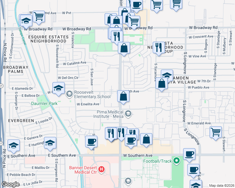 map of restaurants, bars, coffee shops, grocery stores, and more near 701 South Dobson Road in Mesa