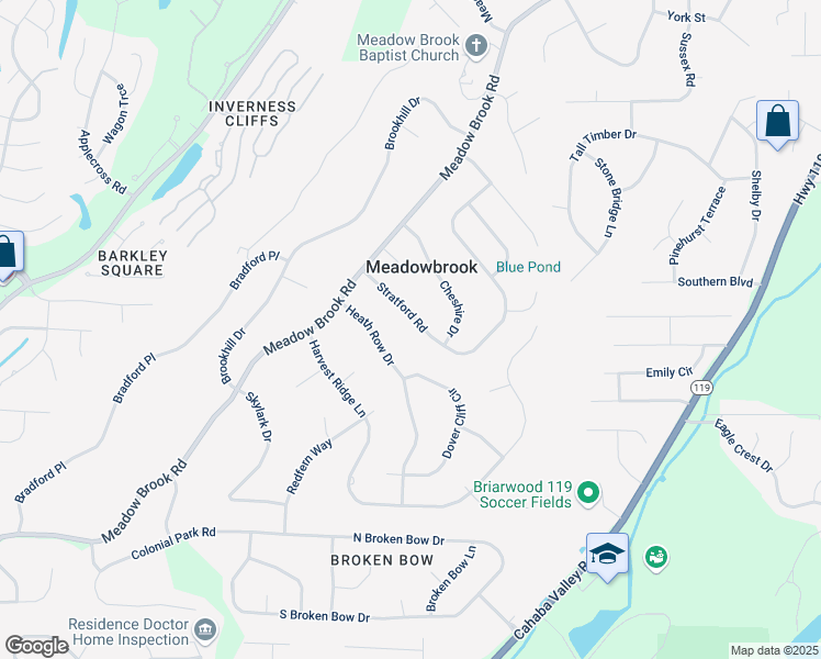map of restaurants, bars, coffee shops, grocery stores, and more near 5120 Stratford Road in Birmingham