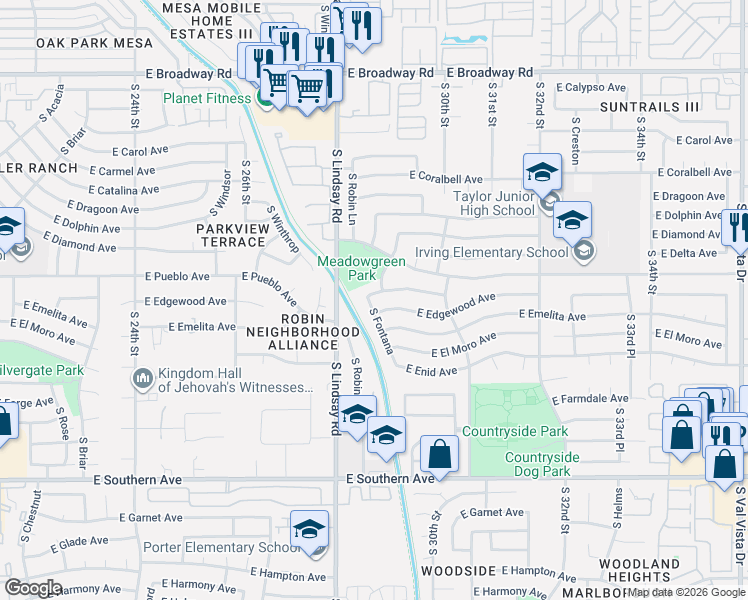 map of restaurants, bars, coffee shops, grocery stores, and more near 2856 East Escondido Avenue in Mesa
