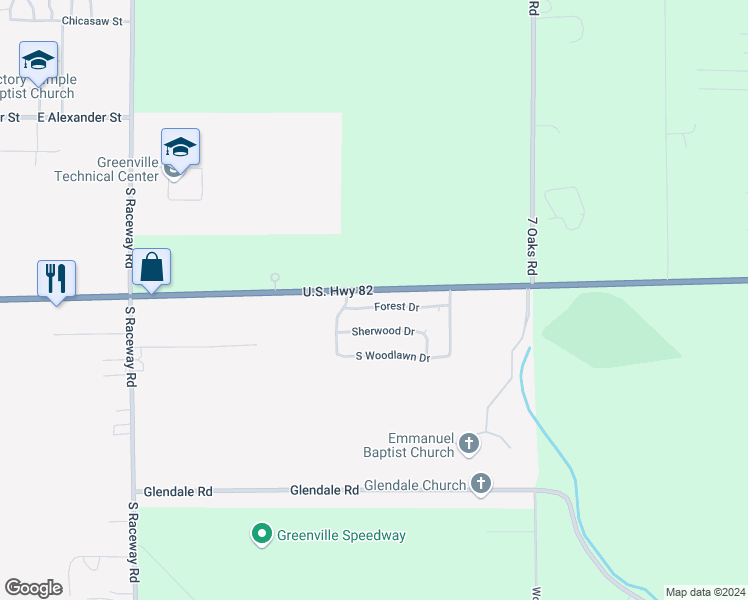 map of restaurants, bars, coffee shops, grocery stores, and more near 3532 Forest Drive in Greenville