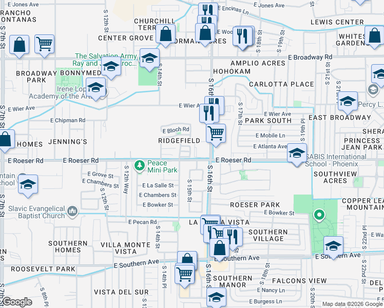 map of restaurants, bars, coffee shops, grocery stores, and more near 5105 South 15th Place in Phoenix