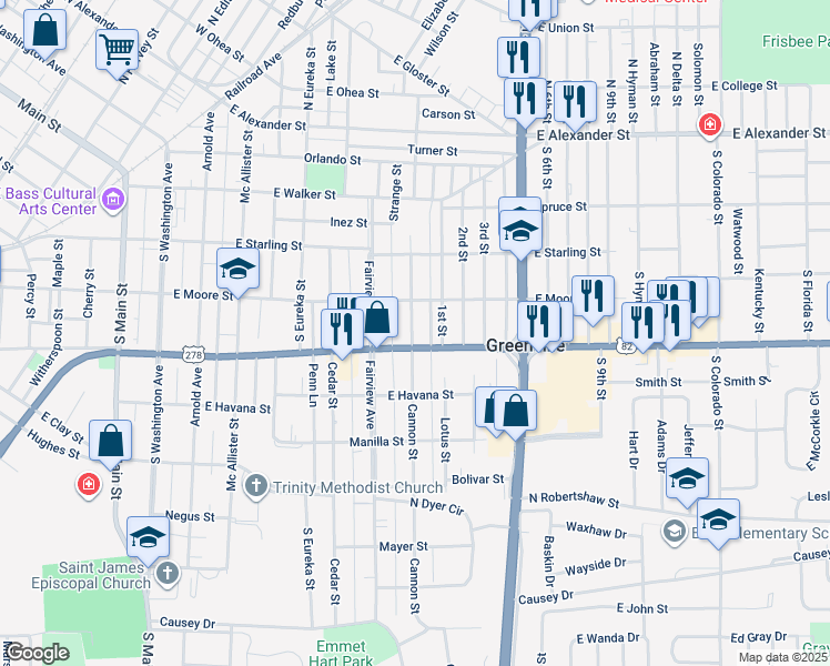 map of restaurants, bars, coffee shops, grocery stores, and more near 728 U.S. 82 in Greenville