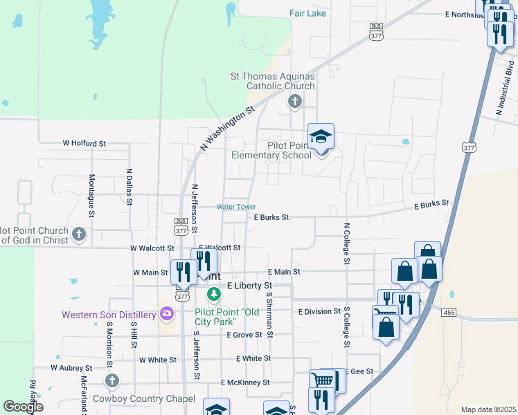 map of restaurants, bars, coffee shops, grocery stores, and more near 301 North Prairie Street in Pilot Point