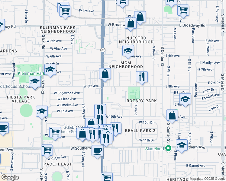 map of restaurants, bars, coffee shops, grocery stores, and more near 313 West 8th Avenue in Mesa