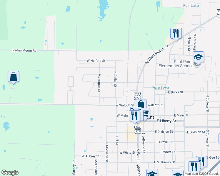 map of restaurants, bars, coffee shops, grocery stores, and more near 507 West Broad Street in Pilot Point