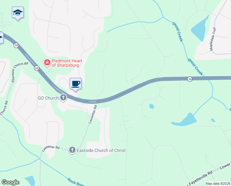 map of restaurants, bars, coffee shops, grocery stores, and more near 4148 Georgia 34 in Sharpsburg