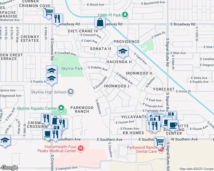 map of restaurants, bars, coffee shops, grocery stores, and more near 10366 East Edgewood Avenue in Mesa
