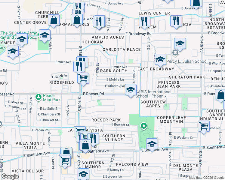 map of restaurants, bars, coffee shops, grocery stores, and more near 5150 South 18th Place in Phoenix