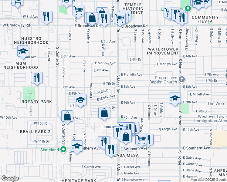 map of restaurants, bars, coffee shops, grocery stores, and more near 760 South Mesa Drive in Mesa