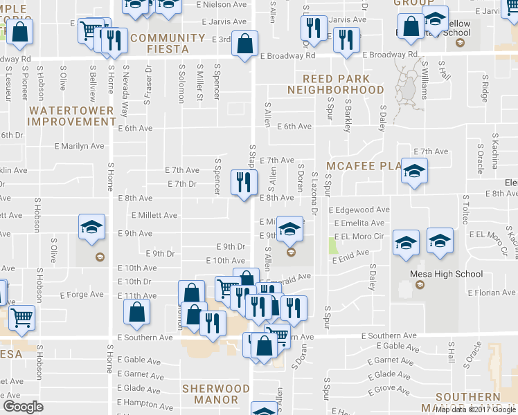 map of restaurants, bars, coffee shops, grocery stores, and more near in Mesa