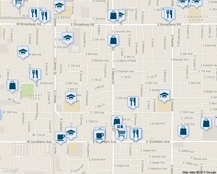 map of restaurants, bars, coffee shops, grocery stores, and more near 760 South Mesa Drive in Mesa
