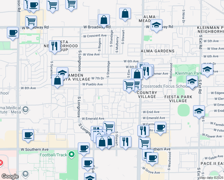 map of restaurants, bars, coffee shops, grocery stores, and more near 1347 West Pueblo Avenue in Mesa