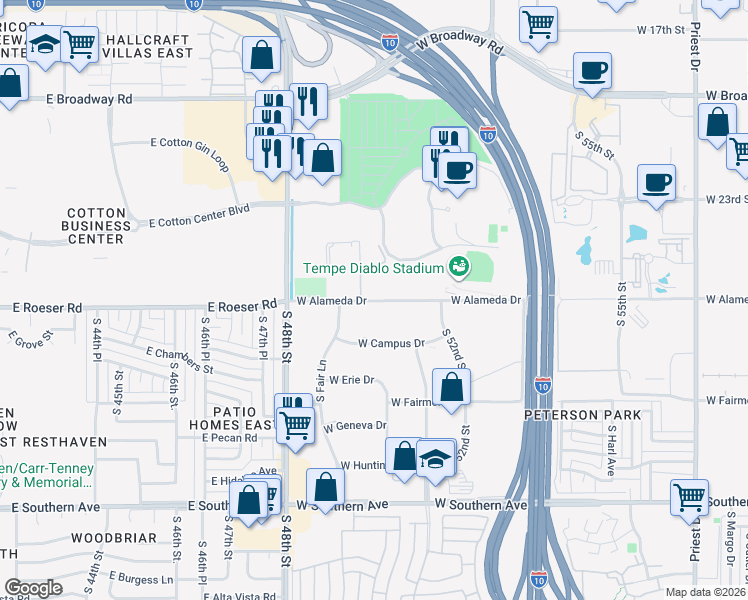 map of restaurants, bars, coffee shops, grocery stores, and more near 2206 West Alameda Drive in Tempe