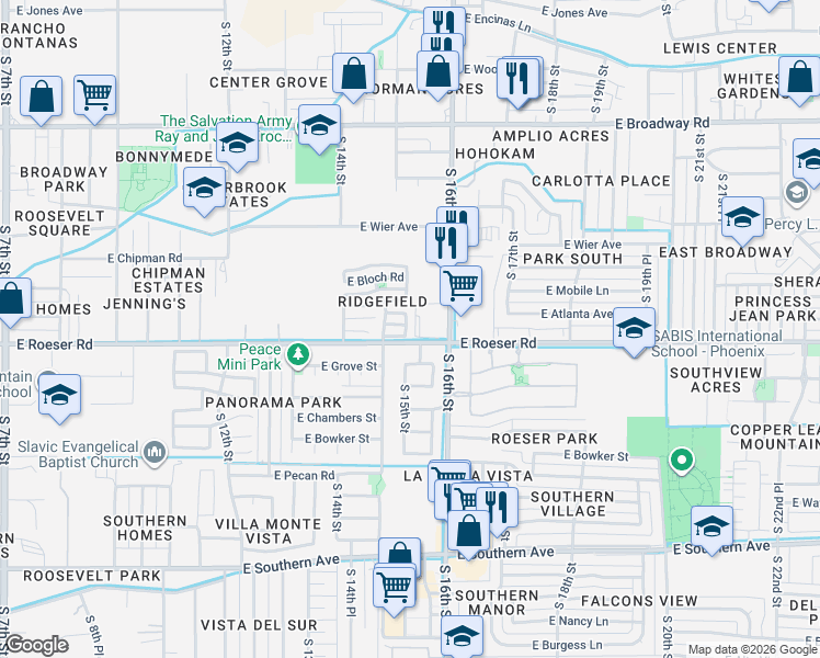 map of restaurants, bars, coffee shops, grocery stores, and more near 5105 South 15th Place in Phoenix